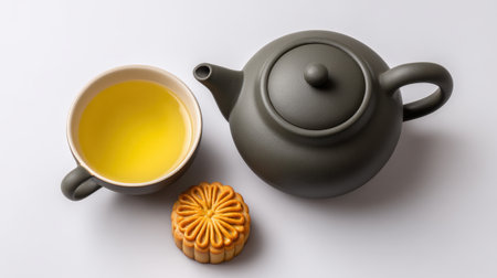 A serene arrangement featuring a modern teapot, delicate tea cup filled with green tea, and a traditional mooncake, perfect for culinary aesthetics.の素材