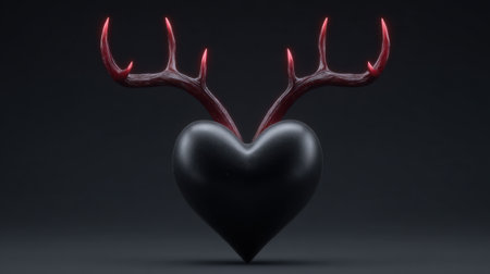 This striking image features a black heart adorned with vivid red antlers, set against a dark background, presenting a bold artistic concept that symbolizes love intertwined with nature.の素材