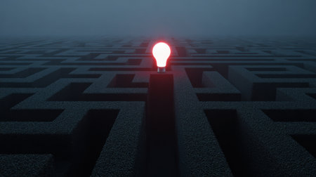 A captivating image showcasing a single glowing light bulb in a shadowy maze, representing the journey of finding clarity and inspiration in complex situations.の素材