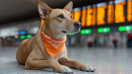 A tranquil dog lies on the airport floor, wearing an orange bandana, exuding calmness while travelers bustle around in the background.の素材