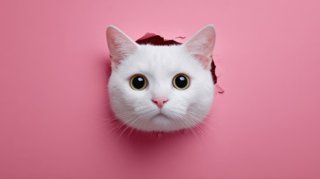 A charming white cat curiously peeks through a round hole in a vibrant pink background, showcasing its big expressive eyes and delightful features. This playful image captures the innocence and humor of a cat in a whimsical setting, perfect for pet lovers and cat enthusiasts.の素材