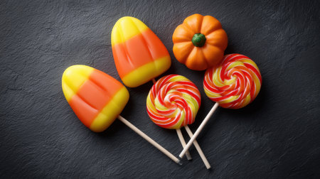 Delight in a vibrant display of Halloween treats, featuring candy corn, swirled lollipops, and a charming pumpkin-shaped candy on a textured dark stone surface.の素材