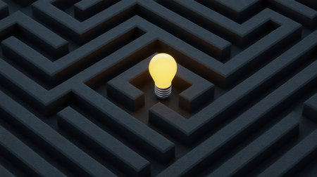 A vibrant light bulb illuminates the dark pathways of a complex maze, symbolizing innovation and creative solutions in challenging circumstances.の素材