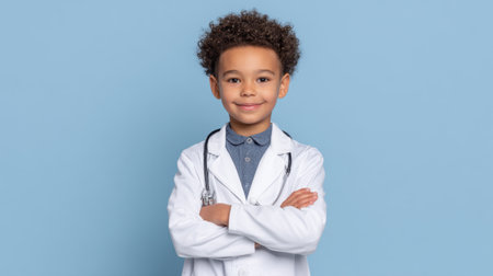 A confident young child dressed in a white lab coat with a stethoscope smiles brightly against a light blue background, embodying future aspirations in healthcare.の素材
