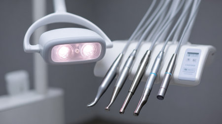 A well-equipped dental clinic featuring modern dental tools and bright lighting, showcasing an advanced setup for oral care and patient treatment.の素材