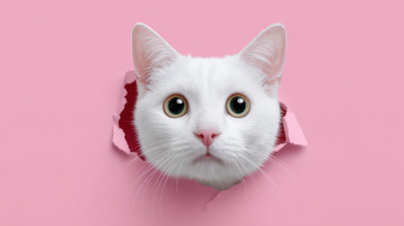 This charming image features an adorable white cat with large, expressive eyes peeking through a pink wall, creating a playful and whimsical scene.の素材