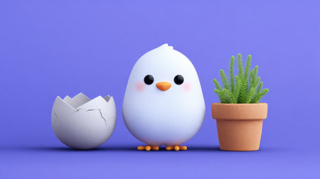 This delightful illustration features a cute cartoon baby bird beside a cracked egg and a small potted plant, perfect for spring themes and cheerful designs.の素材