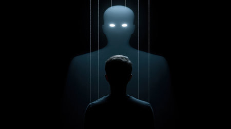 This striking image captures the tension between control and autonomy, showcasing a human figure beneath the shadow of an ominous silhouette, evoking deep emotions.の素材