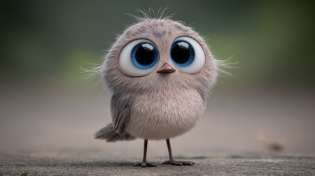 This enchanting animated bird character captures the essence of cuteness with its big eyes and fluffy feathers. Set against a soft outdoor background, it radiates charm and playfulness, perfect for various creative projects.の素材