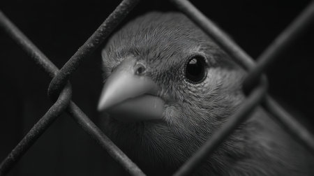 This striking black and white photograph features a close-up view of a bird looking through metal bars, capturing the essence of wildlife in captivity. The image highlights the intricate details of the bird's face and the texture of its feathers against the harsh lines of the cage, evoking a sense of vulnerability and curiosity.の素材