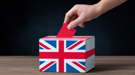 A hand places a red ballot into a box adorned with the British flag, symbolizing the democratic voting process and civic engagement in elections.の素材