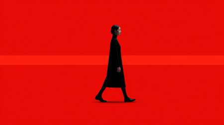 A striking image of a woman dressed in black walking against a vibrant red background, ideal for artistic concepts, fashion presentations, or emotional themes.の素材