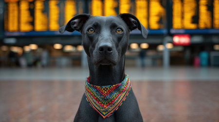 A striking black dog adorned with a colorful bandana sits confidently in a bustling train station. The departure board glows in the background, emphasizing travel and adventure.の素材