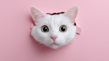 This delightful image captures a white cat with large, expressive eyes peeking through a pink background, evoking a sense of playfulness and charm.の素材