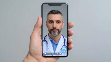 A male doctor appears on a smartphone screen, engaged in a virtual consultation. He wears a stethoscope and maintains a serious demeanor, reflecting professionalism in modern healthcare. The image captures the essence of digital communication in medicine, highlighting telehealth services.の素材