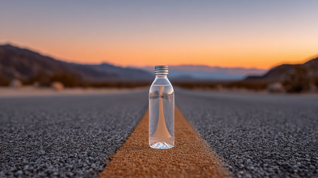 A transparent bottle of water sits alone on a deserted road during sunset. The picturesque backdrop includes mountains and a colorful sky, symbolizing adventure and tranquility.の素材