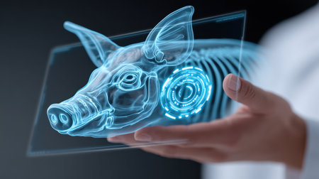 A person holds a transparent hologram of a pig's head, showcasing advanced technology and digital interface. This image symbolizes innovation in veterinary sciences.の素材