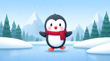 This delightful cartoon penguin stands on a frozen lake, wearing a bright red scarf against a backdrop of snowy mountains and evergreen trees.の素材