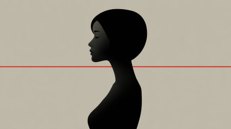 This striking silhouette of a woman showcases a profile view, combining minimalism with bold color accents. Perfect for projects emphasizing beauty and simplicity.の素材
