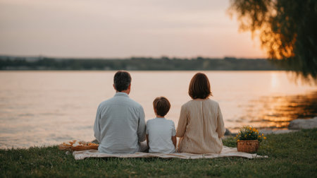 A serene moment of a family sitting by the lake at sunset, embracing togetherness and tranquility in nature. Perfect for capturing memories and peace.の素材