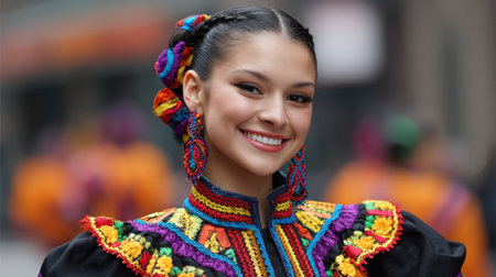 A joyful young woman poses in a spectacular traditional dress, radiating happiness at a vibrant street festival, showcasing cultural heritage and style.の素材