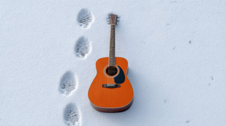 A vibrant orange acoustic guitar is placed in a blanket of fresh white snow, with footprints leading away, creating a serene winter scene.の素材