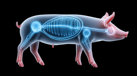 This creative illustration features an x-ray representation of a pig, highlighting its internal anatomy and biological systems for educational purposes.の素材