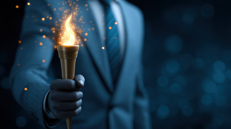 A confident businessman holds a torch with a bright flame, representing leadership and inspiration against a dark backdrop. This image symbolizes vision and determination.の素材
