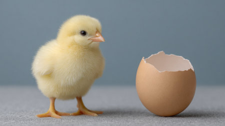 A charming yellow chick stands next to a broken eggshell, symbolizing new life and freshness. This delightful scene captures the innocence of nature.の素材