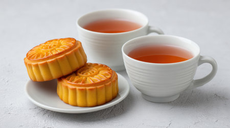 Two elegant white cups filled with aromatic tea sit alongside two beautifully crafted mooncakes on a plate, symbolizing harmony and celebration.の素材