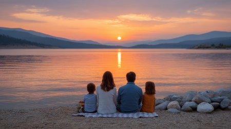 A heartwarming scene of a family enjoying a sunset by a serene lake, surrounded by majestic mountains. The calm water reflects the vibrant colors of the sky, creating a picturesque backdrop for cherished moments.の素材