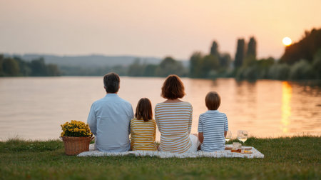A loving family sits together by the river, enjoying a tranquil sunset while sharing snacks and drinks on a cozy blanket, creating cherished memories.の素材