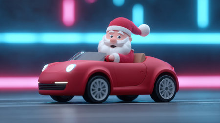 This whimsical image features a cheerful Santa Claus driving a bright red convertible car in a vibrant neon light setting, perfect for holiday joy.の素材