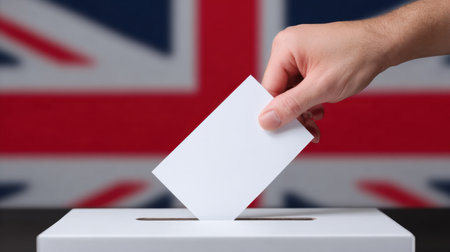 A hand places a ballot into a voting box against a backdrop of the UK flag, representing the essence of democracy and civic participation in elections.の素材