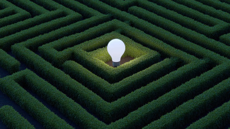 A solitary light bulb illuminates the center of a neatly trimmed green maze, representing inspiration and the journey of creative problem solving in nature.の素材