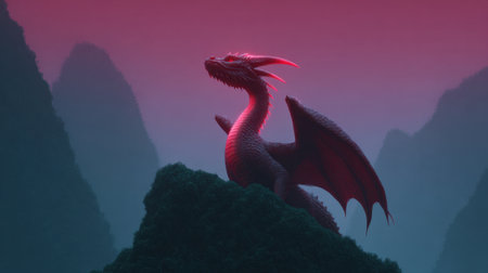 This stunning image showcases a majestic red dragon perched atop a rugged mountain, with vibrant dusk colors enhancing the mystical atmosphere.の素材