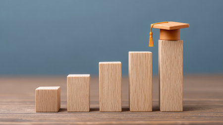 This image features wooden blocks arranged in an ascending order, topped with a graduation cap, representing growth and success in education and career.の素材