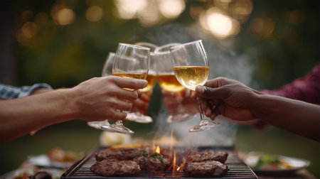 Friends gather around a grill at sunset, raising glasses in celebration while savoring grilled meat, creating a joyful and relaxing outdoor atmosphere.の素材