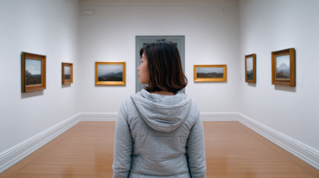 A woman stands in a modern art gallery, gazing thoughtfully at framed landscape paintings. The serene atmosphere invites exploration and appreciation.の素材