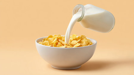 A vibrant and appealing image showcasing fresh milk being poured over crispy corn flakes in a modern white bowl against a soft pastel background. Perfect for breakfast themes.の素材