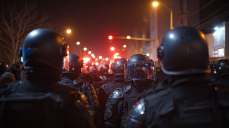 This image captures a tense nighttime protest scene with law enforcement officers in riot gear standing vigilant against a backdrop of urban lights and a large crowd.の素材