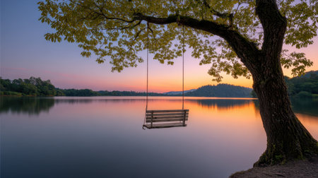 A serene view of a lake at sunset featuring a swing hanging from a tree, creating a beautiful reflection on the calm water surface, evoking peace.の素材