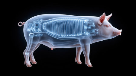 This image showcases a transparent pig, revealing its internal structures and integrating technology with animal anatomy, ideal for educational and scientific purposes.の素材