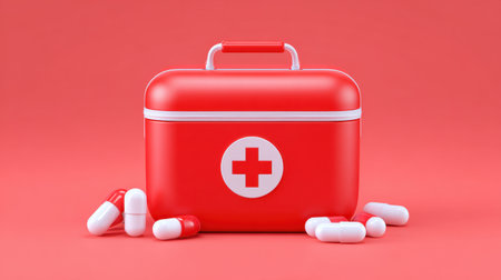 This image features a bright red medical kit with a prominent white cross, surrounded by colorful pills, perfect for themes of health and wellness.の素材