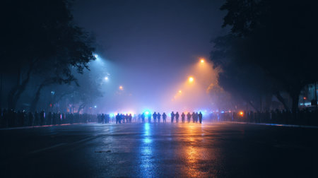 A captivating nighttime street scene featuring silhouettes of people in a foggy atmosphere, illuminated by blue and orange streetlights, creating a dramatic and mysterious mood.の素材