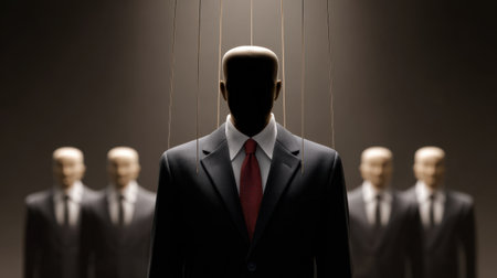 This striking image captures the essence of control and manipulation through puppetry, showcasing business figures in dramatic light to evoke deep thought.の素材