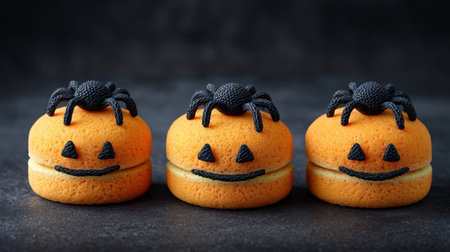 Delight in these creative Halloween desserts featuring pumpkin-shaped treats topped with playful spider decorations, perfect for festive celebrations.の素材