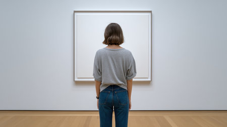 A woman stands in a modern art gallery, gazing at a blank canvas. The clean lines and wooden flooring create a tranquil atmosphere for artistic reflection.の素材