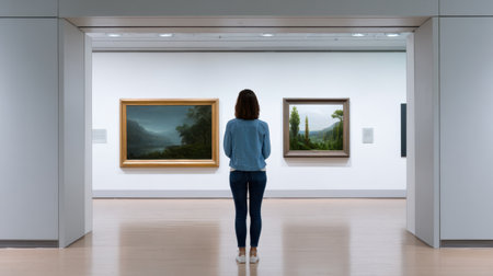 A young woman stands in a spacious modern gallery, captivated by serene landscape paintings that evoke tranquility and artistic appreciation.の素材