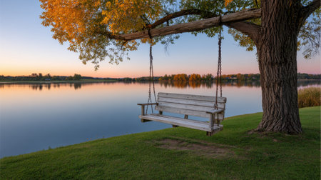 Experience a tranquil evening by the lake with this serene scene featuring a wooden swing hanging from a tree, perfectly capturing nature's beauty at sunset.の素材